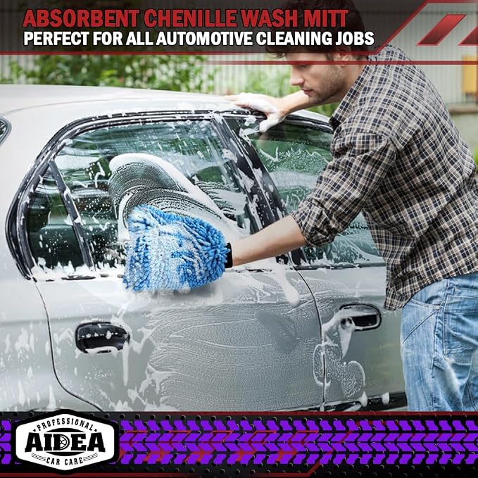 AIDEA Car Wash Mitt Microfiber, 2PK, Car Wash Brush, Blue, 8''X12'' | Scratch Free Lint Free Premium Chenille Microfiber Mitt, Cleaning Supplies, Extra Large Size