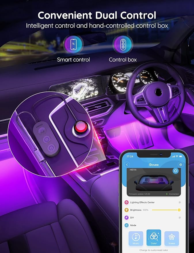 Govee Car LED Lights, RGB Smart Car Interior Lights, App Control | DIY Mode and Music Mode, 2 Lines Design LED Lights for Cars with Car Charger, 12V