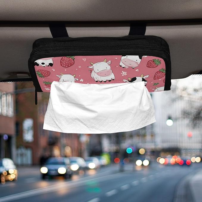 Cows Strawberry Flower Car Tissue Holder Durable Napkin Holder Hanging Tissue Holders Case Car Tissues Bag for Sun Visor Seat Back Universal Auto