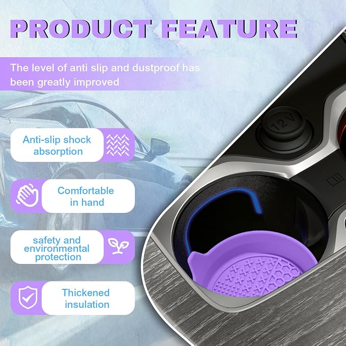 4PCS Car Cup Holder Coaster, Silicone Non-Slip Vehicle Insert Water Bottle Mat, Universal Insulation Drink Cup Pad Decor for SUV/Sedan/Truck, Automotive Interior Accessories (Purple)