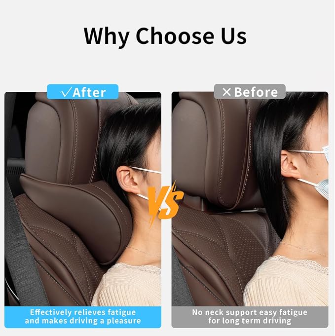 Car Headrest for Driving Memory Foam Neck Pillow with Leather Cover Soft Comfortable Seat Head Pillow Cushion for Most Cars SUV Sedan Home Office Brown 1PC