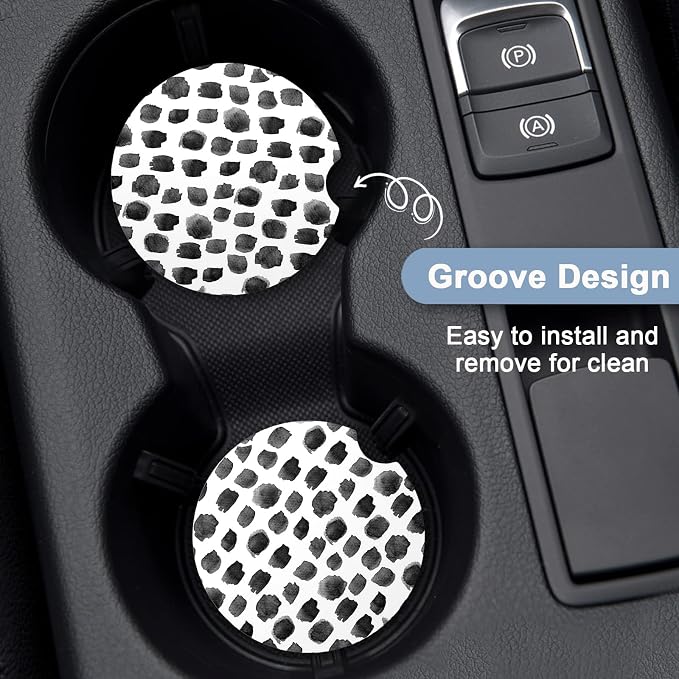 Nipichsha Car Coaster for Cup Holders, 2 Pack Absorbent Ceramic Car Cup Holder Coaster for Drinks, Cute Auto Assecories for Women, Size 2.56 in with Finger Notch & Cork Base, White Black Wave Point