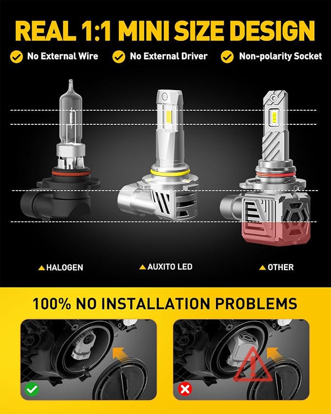 AUXITO 9005 9006 Bulbs Combo, 800% Highly Bright 6500K Cool White, Real 1:1 Mini Size, 9005/HB3 9006/HB4 Fog Light Bulbs with Cooling Fan, Direct Install, Pack of 4