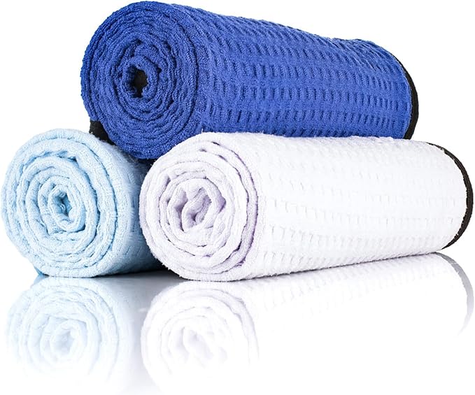 The Rag Company Dry Me A River, Professional Korean 70/30 Blend Microfiber Waffle-Weave Drying & Detailing Towels, Soft Suede Edges, 390 GSM, 20x40 Inches, White, 2-Pack
