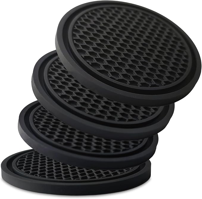 Car Cup Holder Coaster 4 Pack - Non Slip & Shockproof,Flexible PVC Rubber Insert for Car/Truck/SUV/Van (2.75"x0.2") Universal Fit Auto Cup Holders Accessories for Women and Man (Black)
