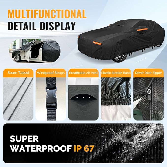 Heavy Duty Car Cover for Automobiles All Weather Waterproof, Outdoor Snowproof UV Protection Windproof, Door Zipper, Soft Cotton Universal Car Covers (Black, Fit Sedans 181"-190")