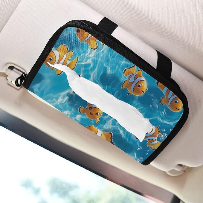 Car Visor Tissue Holder Mask Holder for Car, Car Tissue Box Sun Visor Napkin Holder Car Visor Accessories Adjustable Straps Reusable Durable Easy to Install Blue Water and Yellow Clownfishes