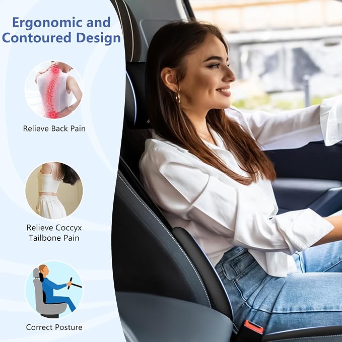 Car Seat Cushion with Neck Pillow & Lumbar Support Kit Back Sciatica Tailbone Pain Relief Car Pillows Ergonomic Memory Foam Back Support for Driving Seat Office Chair Wheelchair Black