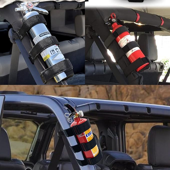 Car Roll Bar Fire Extinguisher Mount Holder Replacement for Jeep Wrangler CJ YJ TJ LJ JK JKU JL JLU, Polaris Ranger RZR General RS1, Can Am Maverick X3 & More - Adjustable Extinguisher Mount Strap