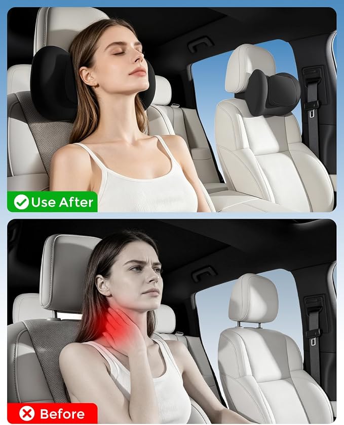BABUR 100% Memory Foam Neck Pillow, Ergonomic Headrest for Car Seat | Driver Neck Pain Relief, Adjustable Buckle, Universal Car, Office Chair, Soft Breathable, Removable Cover, Machine Washable