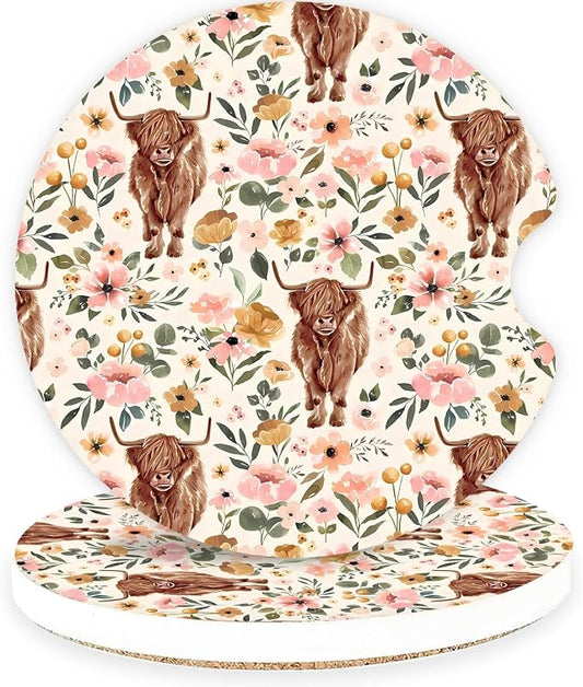 Ceramic Car Coasters – Absorbent Car Cup Holder Coaster Set for Women, Cute Aesthetic Car Accessories for Girls, 2 Pack (Mocha Mousse)