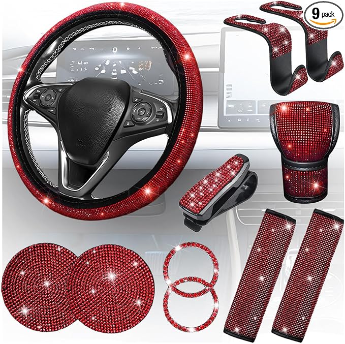 8PCS Bling Car Accessories Set, Sparkly Rhinestone Vehicle Steering Wheel Seat Belt Gear Shift Start Stop Button Cover, Diamond Auto Cup Holder Coaster Decoration, Universal Fit (Red)