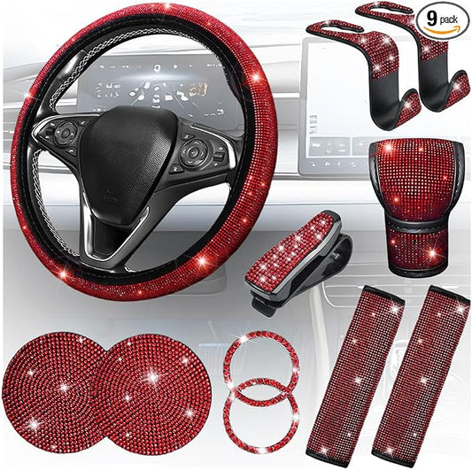 8PCS Bling Car Accessories Set, Sparkly Rhinestone Vehicle Steering Wheel Seat Belt Gear Shift Start Stop Button Cover, Diamond Auto Cup Holder Coaster Decoration, Universal Fit (Red)