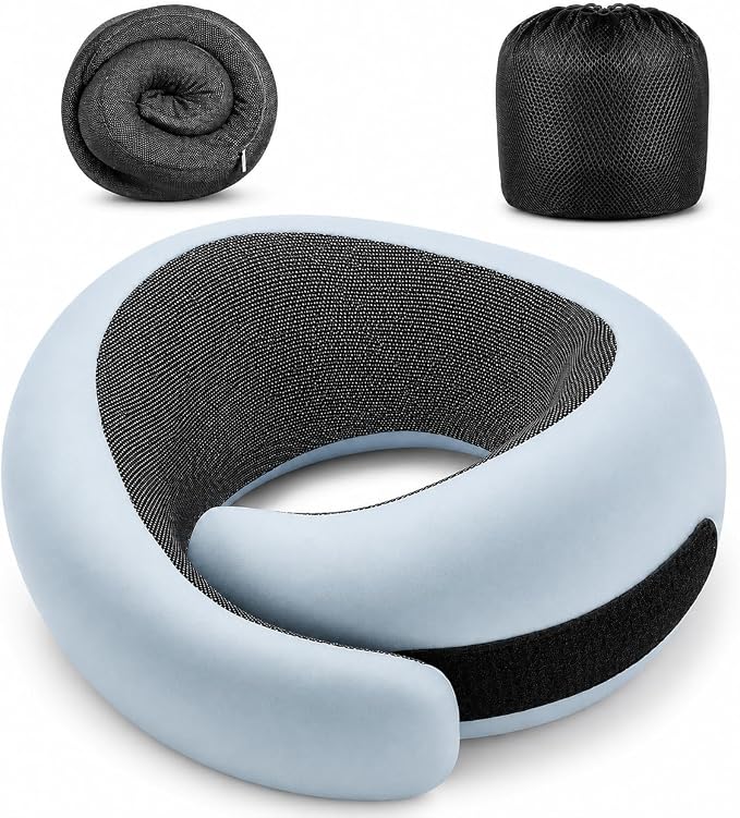 Travel Neck Pillow for Airplanes, Pure Memory Foam Neck Pillow with Washable Cover and Storage Bag, Ergonomic 360° Support for Sleeping, Car, Office, Home, Black