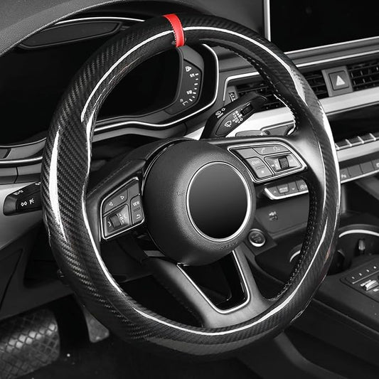 Labbyway Carbon Fiber Steering Wheel Cover, Universal 15 inch, Breathable, Anti-Slip, Warm in Winter and Cool in Summer, Black