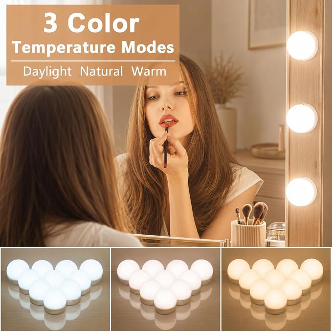 Pretmess LED Vanity Lights for Mirror, Hollywood Style, 10 Dimmable Bulbs | 5 Adjustable Brightness & 3 Color Changing Modes,Wire Length Adjustable & Effortless Setup,USB Cable Design