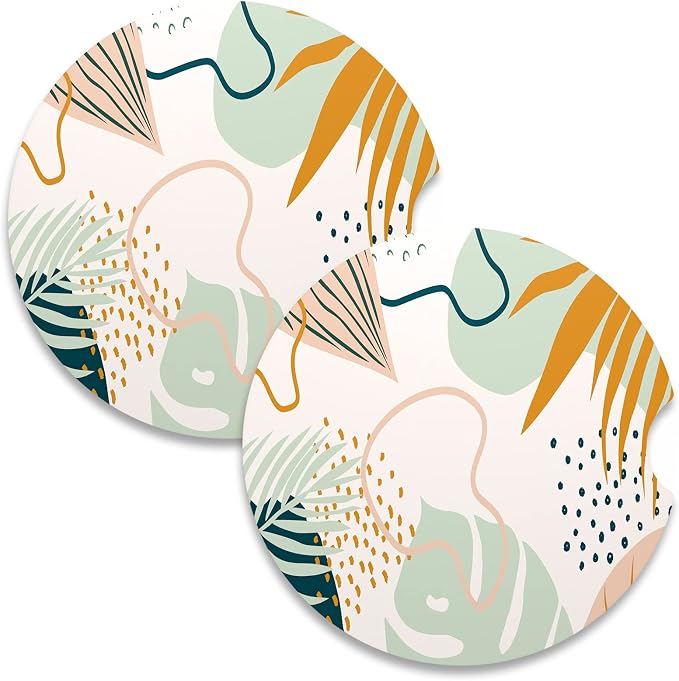 Nipichsha Car Coasters for Cup Holders, 2 Pack Absorbent Ceramic Car Cup Holder Coaster for Drinks, Cute Auto Assecories for Women Men, Size 2.56 in with Finger Notch & Cork Base, Boho Leaves