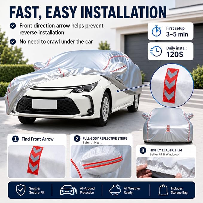 Waterproof All Weather Heavy Duty Vehicle Cover, 360° Underbody Wrap Windproof Design, Quick Install Outdoor Cover,（for Toyota Corolla 1991-2025）