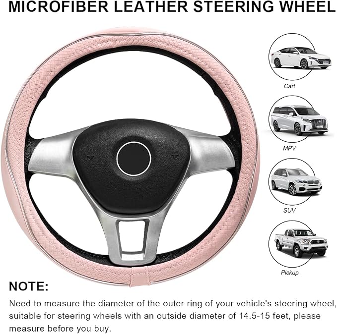Car Steering Wheel Cover, 15 Inch Anti-Slip Breathable Leather Auto Steering Wheel Protector, Full Surround Soft Steering Wheel Cover for Men Women, Car Interior Accessories (Pink & White)