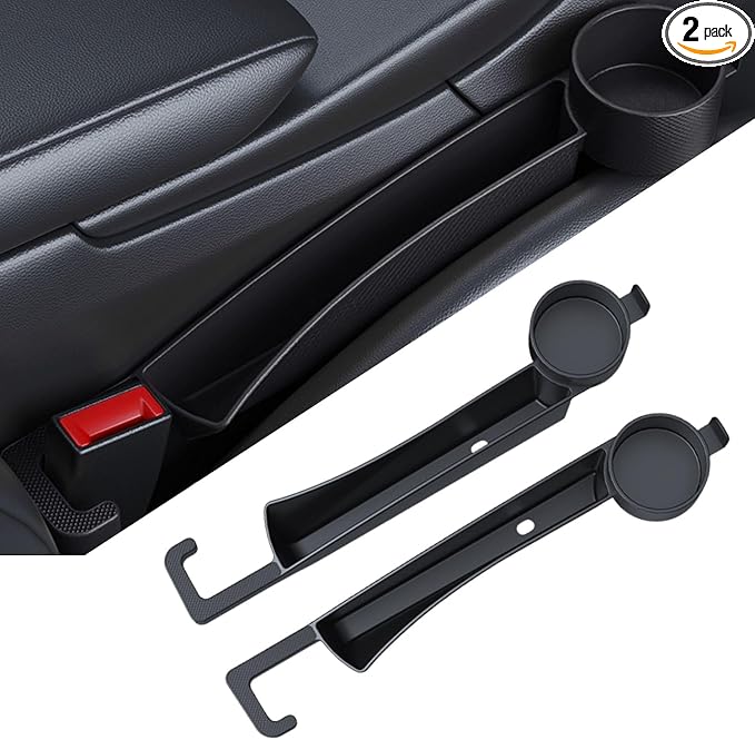 Car Seat Gap Filler Organizer 2 Pack, 4-in-1 Universal Car Seat Gap Plug with Cup Holder & Storage Hook, Front Seat Console Gap Stopper Prevents Dropping, Fits Most Cars SUVs Trucks (Black)