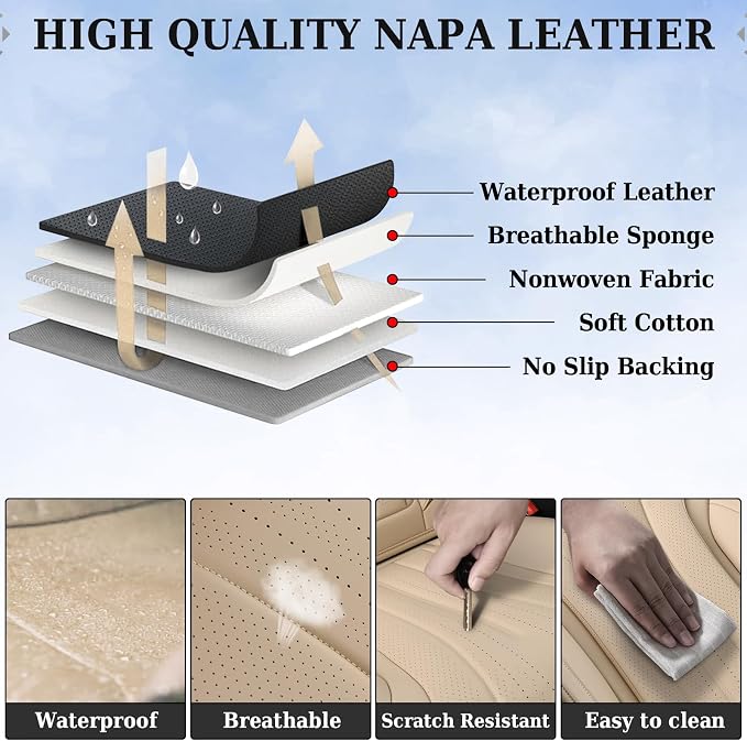 Coverado Car Seat Covers, Front Seat Covers for Cars, 2 Pack Beige Leather Seat Covers, Universal Seat Covers Front Seat, Automotive Seat Covers Waterproof Car Seat Protector Fit for Most Vehicles