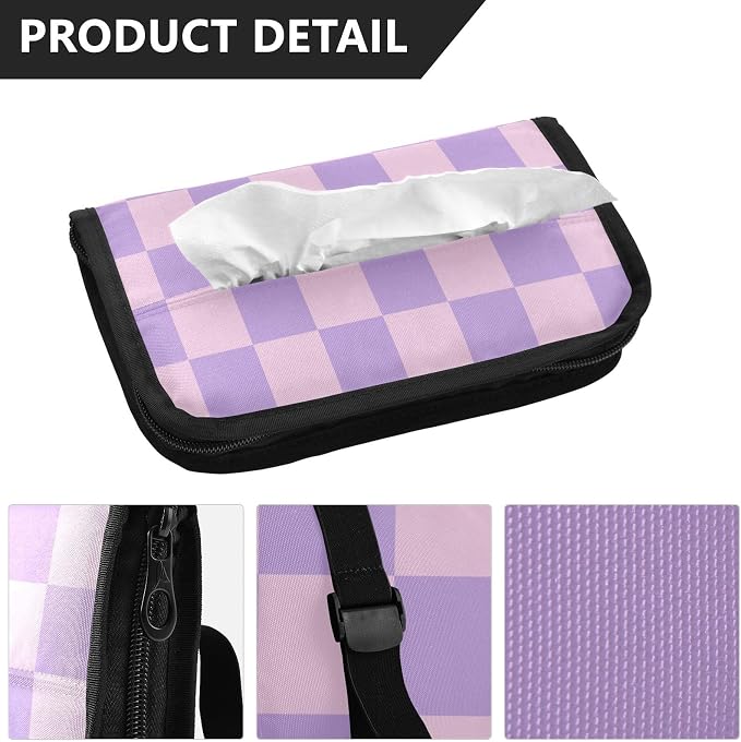 Car Tissue Holder Car Napkin Holder Tissue Box Dispenser Storage Case Sun Visor Mask Holder with Adjustable Straps Reusable Refillable Checkered Purple