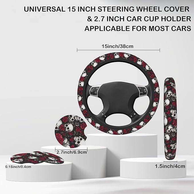 Skull and Rose Steering Wheel Cover for Women, Anti-Slip Car Steering Wheel Cover with 2 Pcs Cup Holders Neoprene Breathable Car Accessories Universal 15 Inch Auto Interior Decor