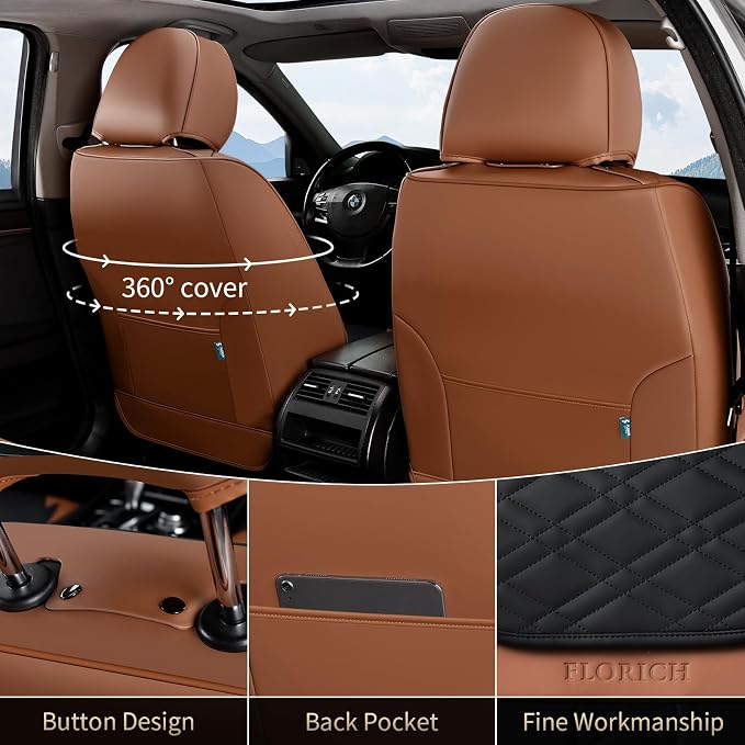 FLORICH Seat Covers, Atomutive Car Seat Covers Full Sets, Waterproof Seat Cover for Cars, Luxury Leather Universal Seat Cover Accessories Fit for Most Cars SUV Truck Sedans(Brown)