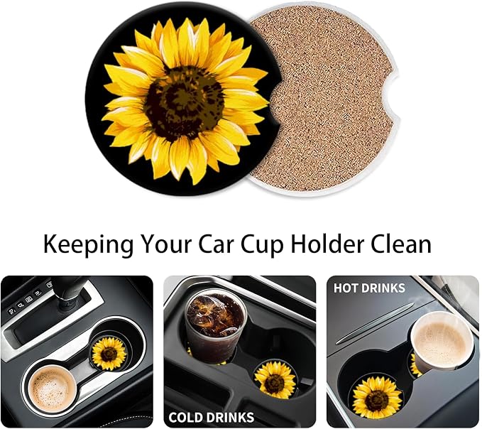 Cup Holder for Car,Elegant Sunflower Close-Up Print Ceramic Coasters Non-Slip Cup Holder Insert with Fingertip Grip, Auto Interior Accessories for Women & Men,Pack of 2, 2.56In