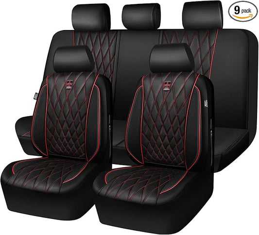 CAR PASS Piping Luxury Leather Seat Covers Full Set,5 Seats Anti-Slip Waterproof Seat Covers Compatible with Front Armrests,Universal Fit for Sendan SUV Van Truck,Airbag Compatible,Black and Red