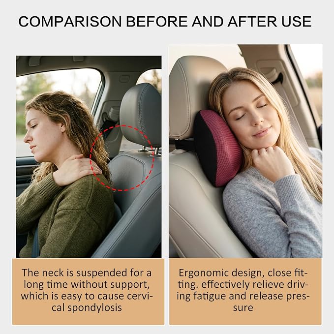 Super Versatile Car Headrest Pillow, Soft Car Pillow for Neck Pain Relief | Adjustable Strap, 100% Memory Foam & Breathable Removable Cover, Ergonomic Design - Travel Car Neck Pillow(Wine-Red, 1PC)