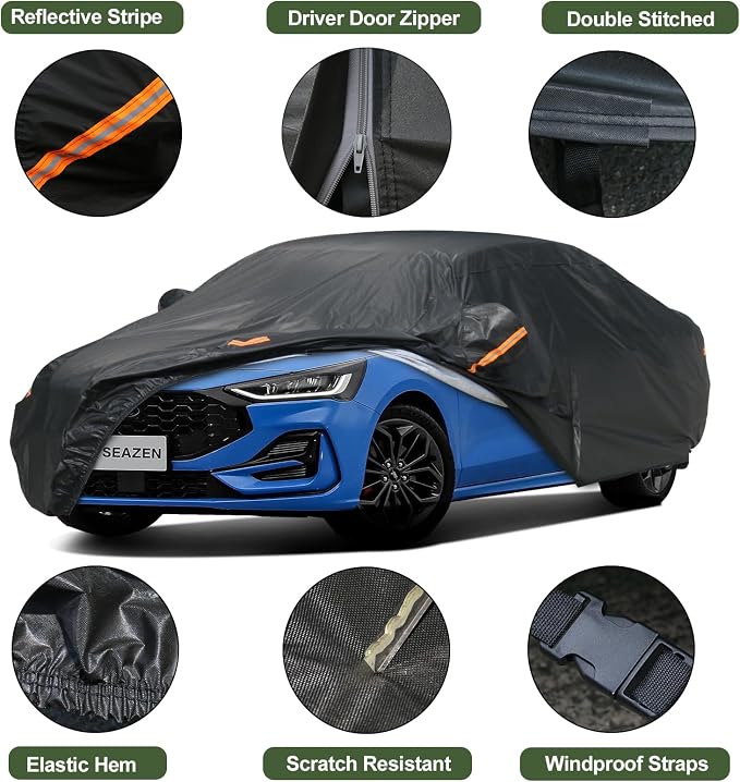 SEAZEN 7 Layers Car Cover Waterproof All Weather, Heavy Duty Car Cover for Automobiles with Zipper Full Exterior Cover Outdoor UV Snow Wind Protection, Universal Full Car Cover for Sedan 201" to 209"