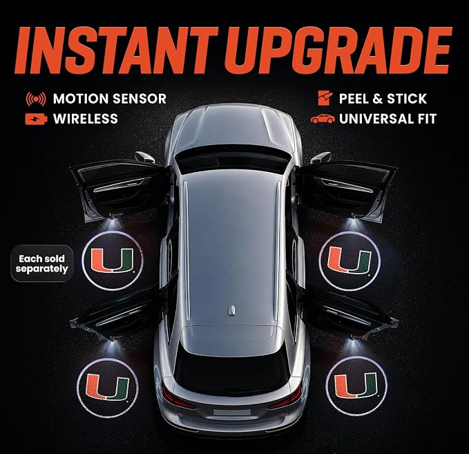 Sporticulture American Football Miami Hurricanes Car Door Lights Logo Shadow Display - Officially Licensed NCAA Car Accessories - Show Your Team Pride - Battery Powered, Universal Fit
