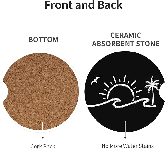 Sunset Waves Car Cup Holder Coasters 2 Pack 2.63" for Women | Palm Trees Universal Anti Slip Ceramic Absorbent Coaster with Cork Base and Finger Notch Cute Car Accessories Interior