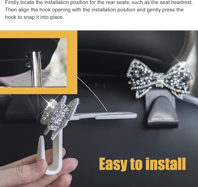 2 PCS Car Bling Seat Headrest Hooks, 3D Butterfly Bow Rhinestone Decoration Hook, Multi-function Storage Hanger for Purses and Bags, Cute Organizer for Car Rear Seat (Black)