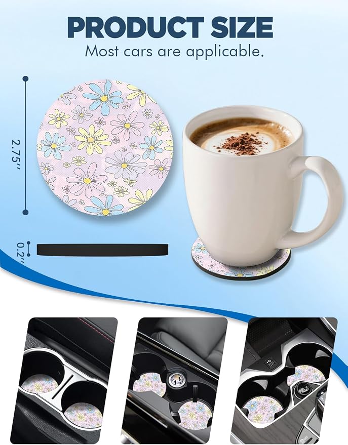 WOCOCN Car Coasters for Cup Holders - 2 Pack 2.75" Universal Rubber Car Cup Coaster, Non-Slip Waterproof Car Interior Accessories, Cute Car Decor Gifts for Women and Men (Daisy)