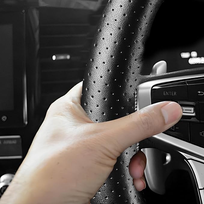 Genuine Leather Steering Wheel Cover, 15 Inch Stitch on Wheel Wrap with Needles & Threads, Breathable Steering Wheel Protector DIY Sewing Wrap for Car Truck SUV (Black, Full Hole)