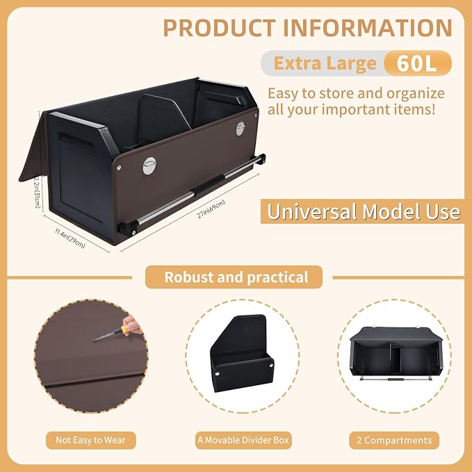 Trunk Organizer for Car with Lid Leather Trunk Organizer Car Organizer | SUV Trunk Organizer with Push-pull Handle Car Trunk Storage Organizer for Minivan, Truck, Sedan (Brown, 27.1 x 11.4 x 12.2in)