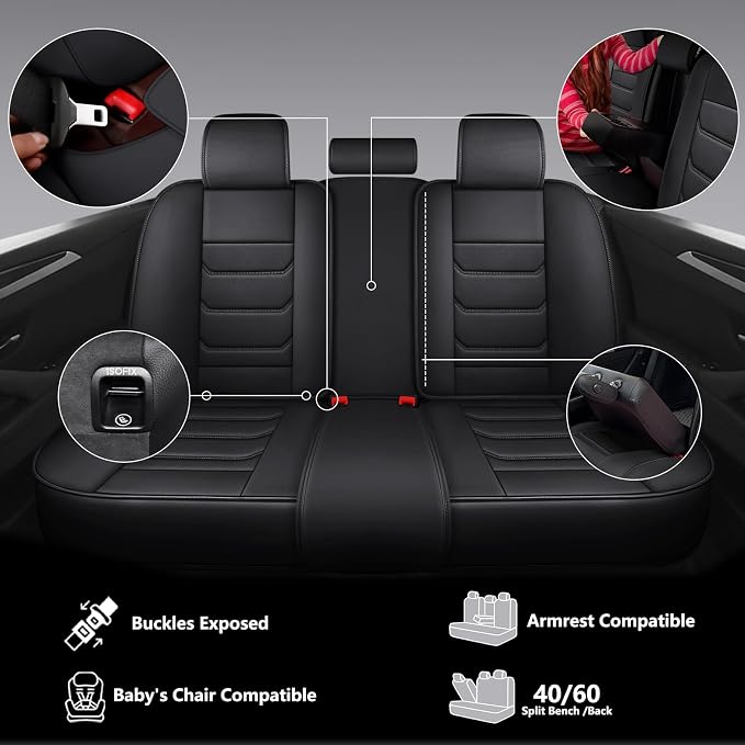 Full Coverage Faux Leather Car Seat Covers Full Set,Automotive Seat Covers for Cars,SUVs Pick-up Truck, Car Seat Cushion, Black Seat Covers for 5 Seats