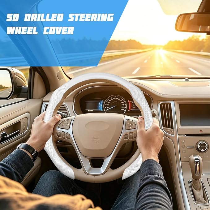 Car Steering Wheel Cover, Comfortable Grip Non-Slip Breathable Vehicle Steering Wheel Protector, Automotive Interior Decoration Accessories, Universal Fit (White)