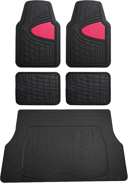 FH Group Premium Liners Tall Channel Trimmable All Weather Rubber Full Set Car Floor Mats (Pink) w. Trimmable All-Season Cargo Liner (Black) - Universal Fit for Cars Trucks and SUVs