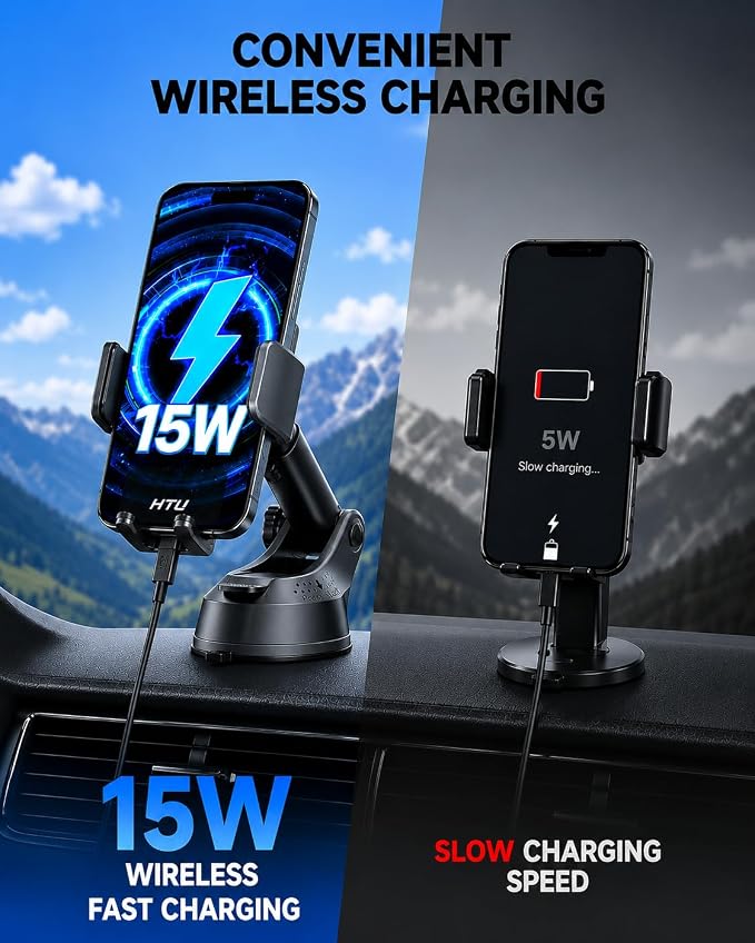 HTU 2026 Upgraded Wireless Car Charger Mount, 【Strongest Suction & Military-Grade Certs】 15W Fast Charging Auto-Clamping Phone Holder for Dash Windshield Air Vent, Fit for iPhone & Android, Jet Black