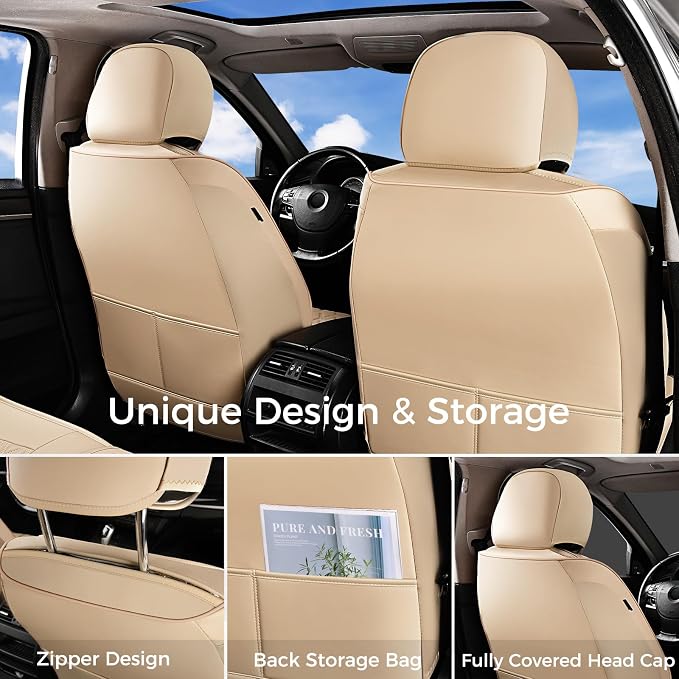 Huidasource Beige Seat Covers, Nappa Leather Car Seat Covers, Velcro Adjustable, Compatible with Airbags, Armrests, Child Seat, Universal Fit for Most Cars, Vans, Trucks, SUVs (Full Set/Beige)