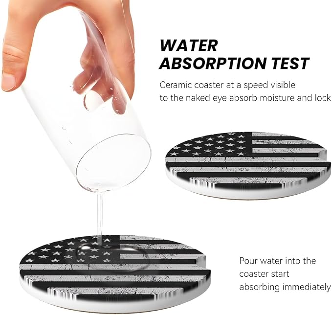 Black White American Flag Absorbent Ceramic Car Coasters for Cup Holders, 2.56" Anti Slip Insert Cup Coasters for Women Men (2 PCS)