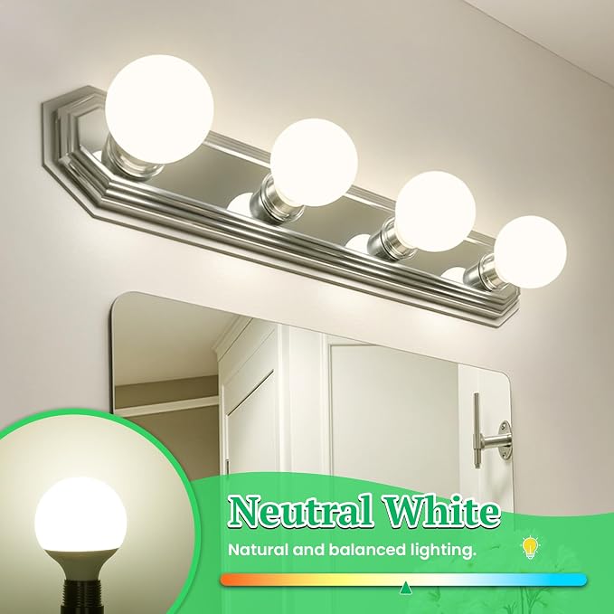 MAXvolador G25 LED Globe Light Bulbs 60W Equivalent, Neutral White 4000K Bathroom Vanity Round Bulb, 500LM E26 LED for Makeup Mirror, Non-Dimmable 4 Pack