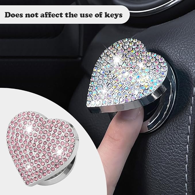 Bling Push Start Button Cover with Rhinestone,Heart Push to Start Button Cover for Car Decor,Diamond Engine Start Buttons Cover Car Accessories Interior for Women & Girl (Pink)