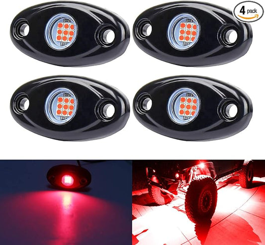 Red Underglow Led Rock Lights for Car, Wheel Well Lights, 12V 4 Pods | Waterproof Underbody Kit Crawler Crawling Dome Exterior Lamps for ATV RZR UTV SUV Off-Road Motorcycle Glow Trail Rig Fender