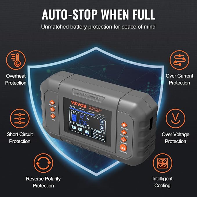 VEVOR Smart Battery Charger, 35-Amp, Lithium LiFePO4 Lead-Acid (AGM/Gel/SLA) Car Battery Charger with LCD Display, Trickle Charger Maintainer Desulfator for Boat Motorcycle Lawn Mower Deep Cycle