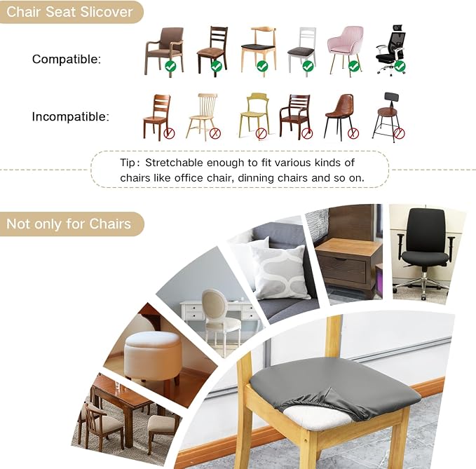 Leather Stretch Chair Seat Covers with Elastic Ties,Waterproof Dining Room PU Leather Chair Cover Seats,Removable Washable Chair Protector Seat Cushion Slipcovers for Home,Kitchen (Gray, 2 PCS)