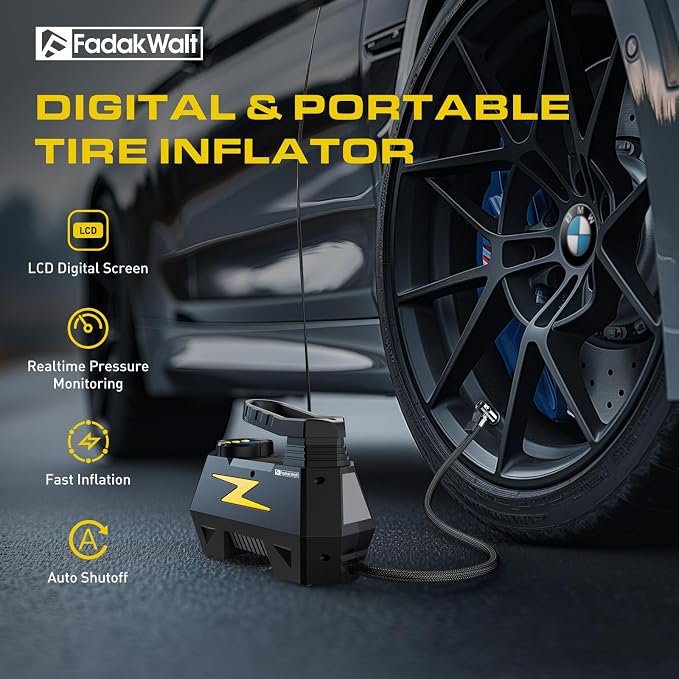 FADAKWALT Tire Inflator Portable Air Compressor, 12V DC Car Air Pump with Auto Shutoff, 150 PSI Digital Gauge, LED Light, Metal Valve Connector, Accessories for Cars, Yellow
